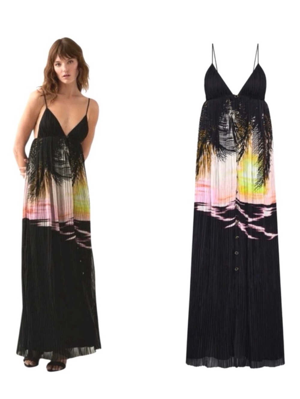 AJE Awaken “Last Light” Black Pleated Ombre Sunset Strappy Maxi Dress